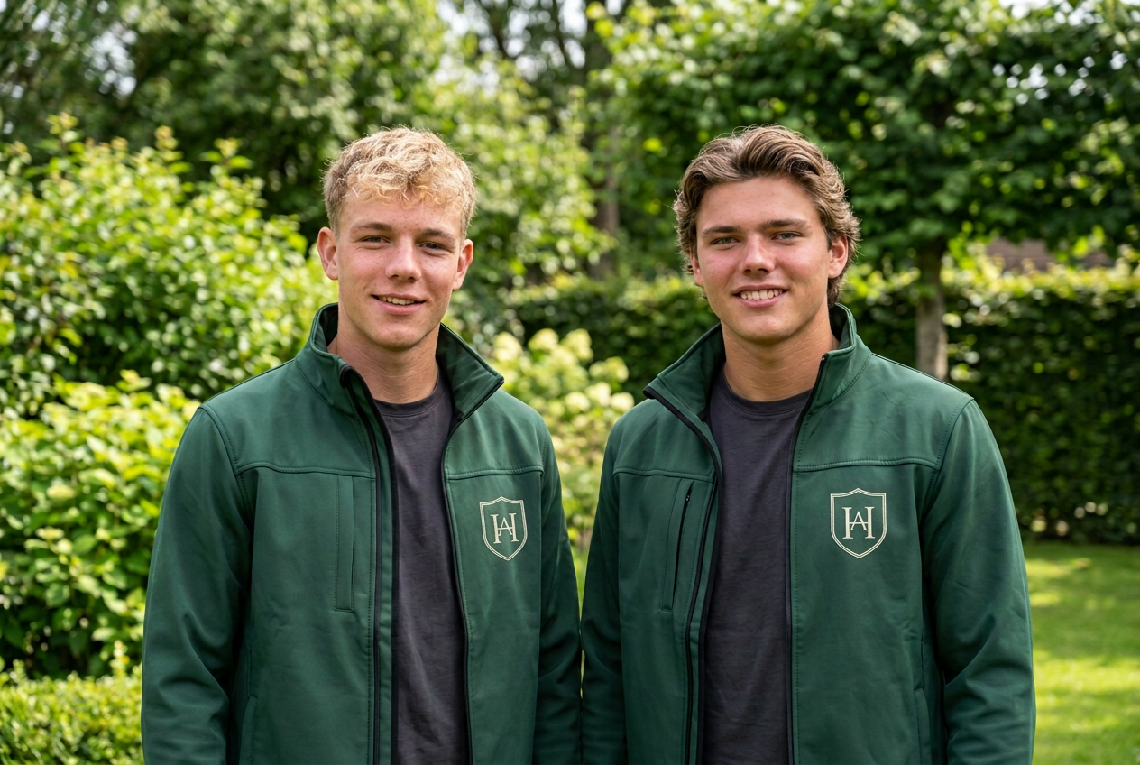 Mika Ajder und Laurenz Hermes in Arbeitskleidung in einem gepflegten Garten